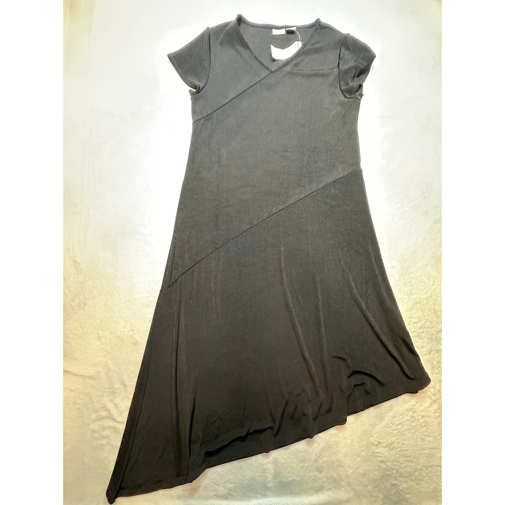 Chico's Travelers Asymmetrical Hem Dress Black V-Neck Short Sleeve Size 1 - 200